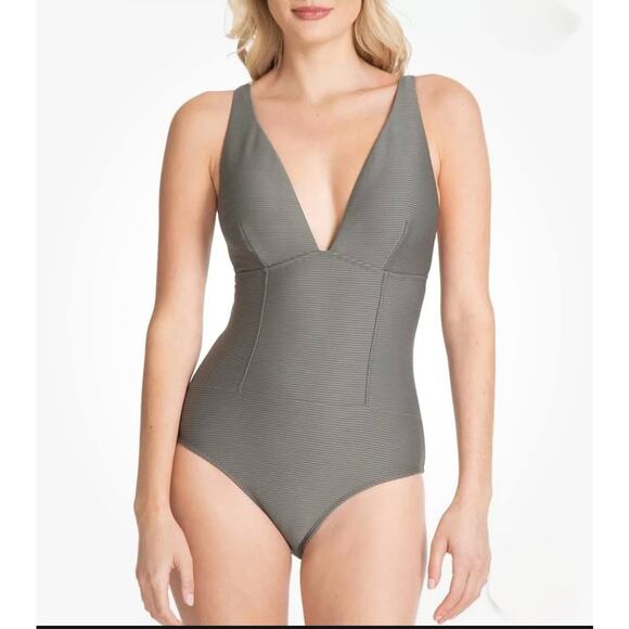 Rachel Roy Army Green Ribbed One Piece Plunge Swimsuit Size Large - Picture 1 of 8